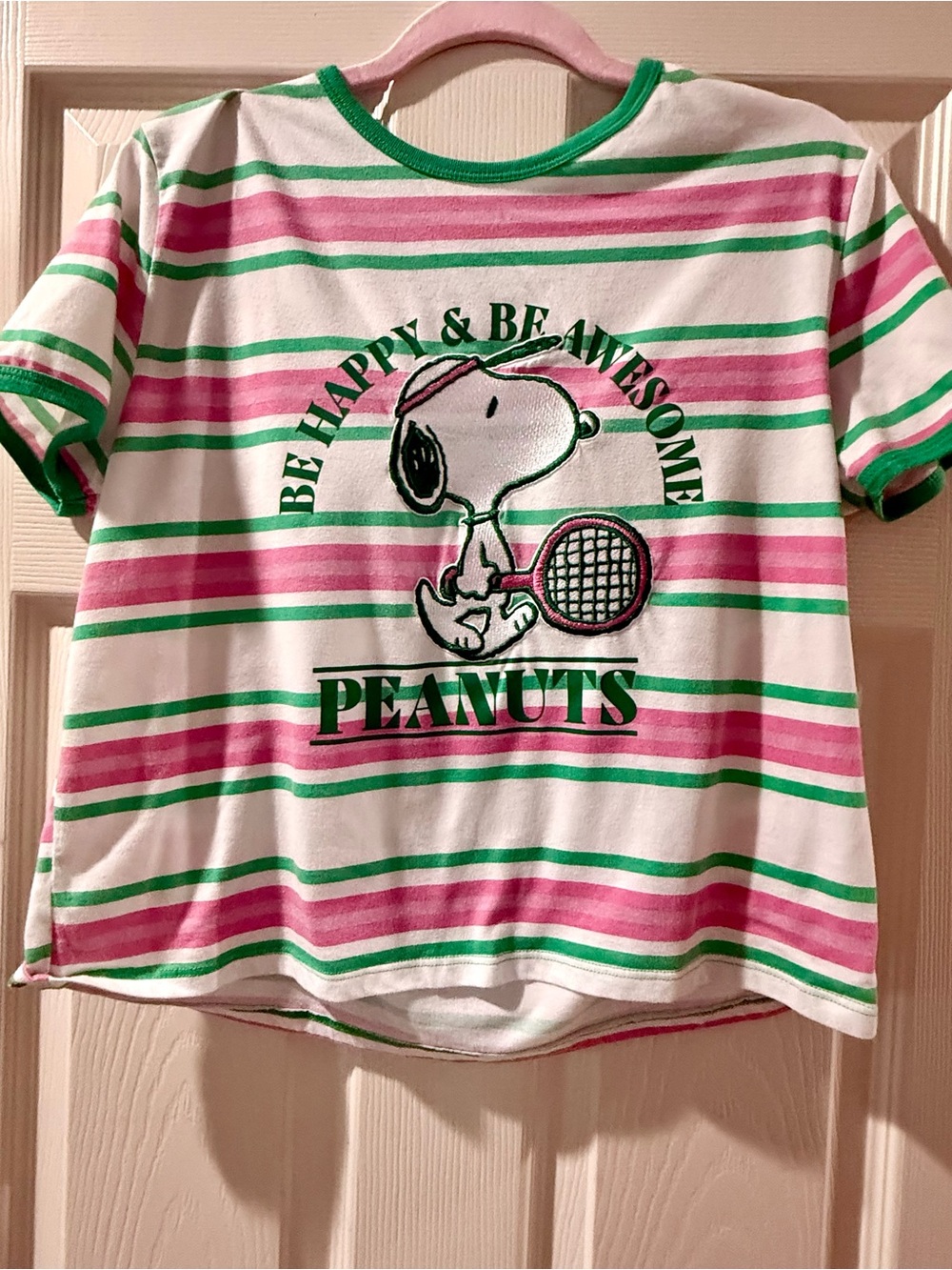 Peanuts Girls Pink & Green Striped Snoopy Tee